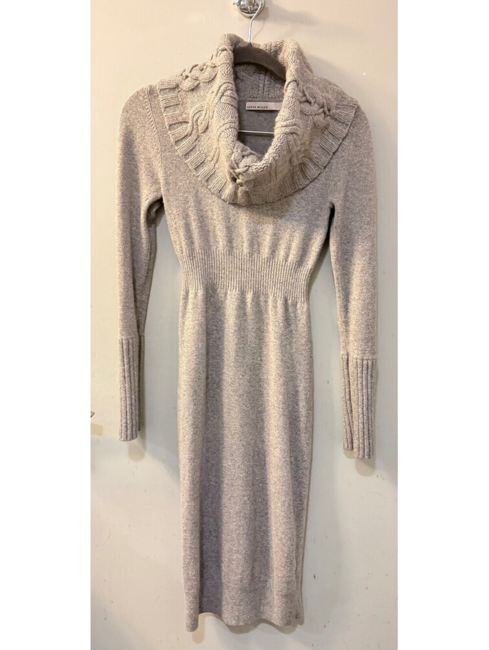 Karen Millen Sweater Dress Size 1 Gray Lambswool Cashmere Cable Cowl Neck Midi - Picture 2 of 5
